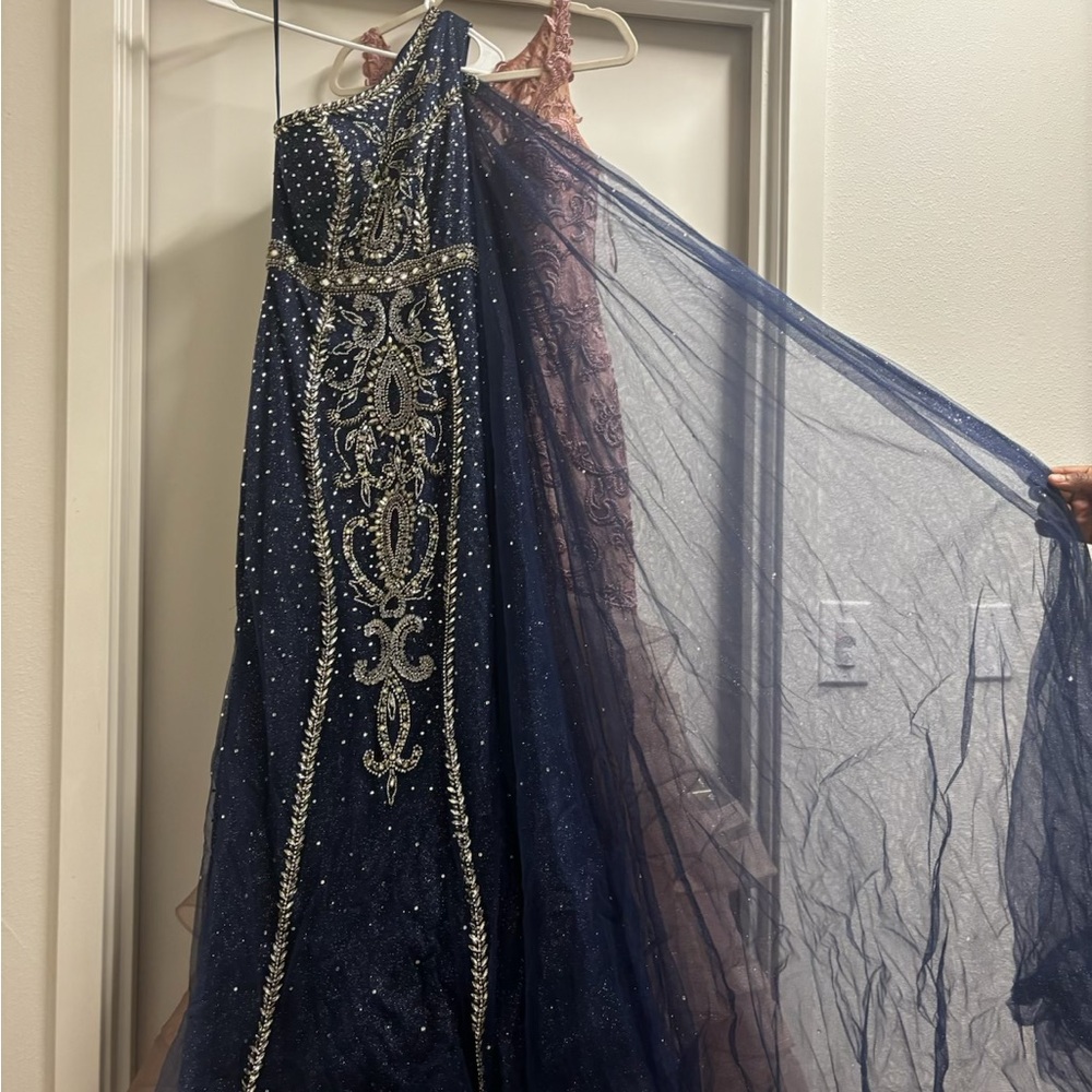 Elegant Navy Blue Gown with Silver Embellishments